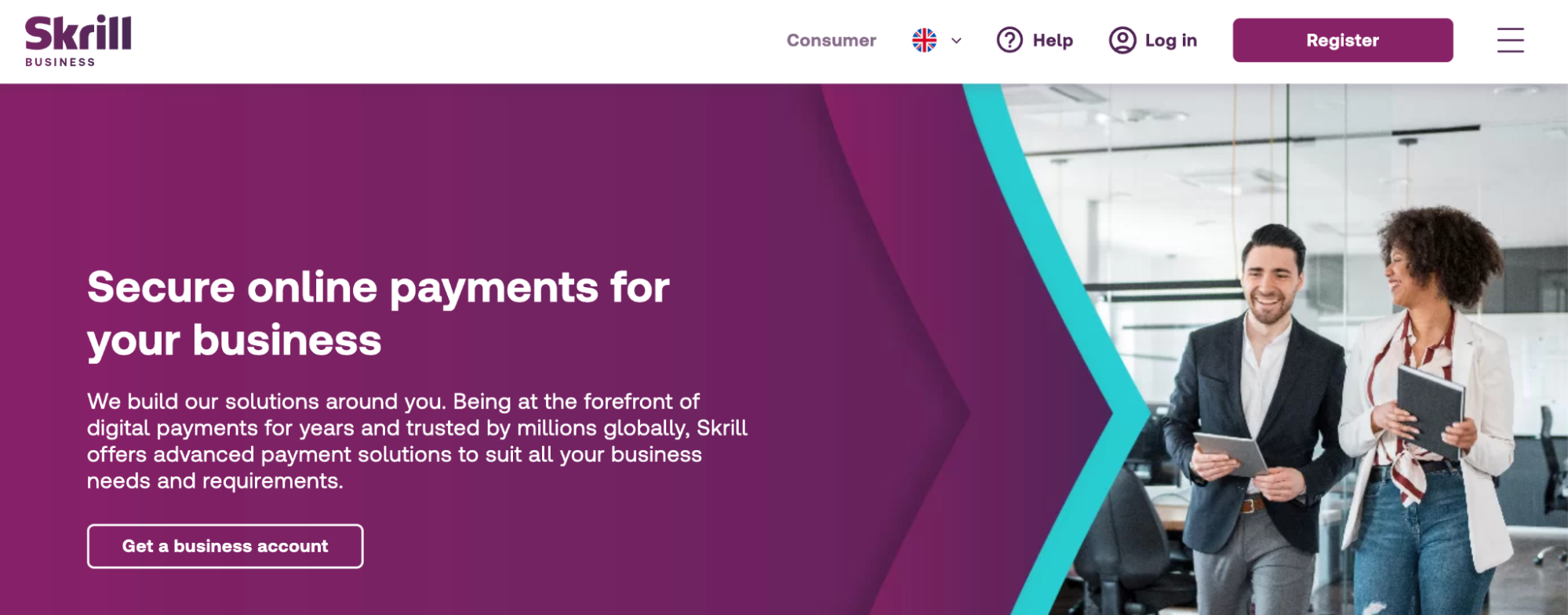 Screenshot of Skrill’s homepage with the headline, “Secure online payments for your business.”