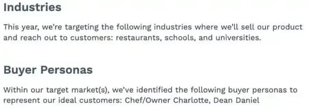 Example of a “target market” section in a filled-out marketing plan template.