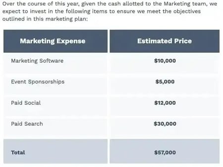 Example “expenses” in a filled-out marketing plan template.