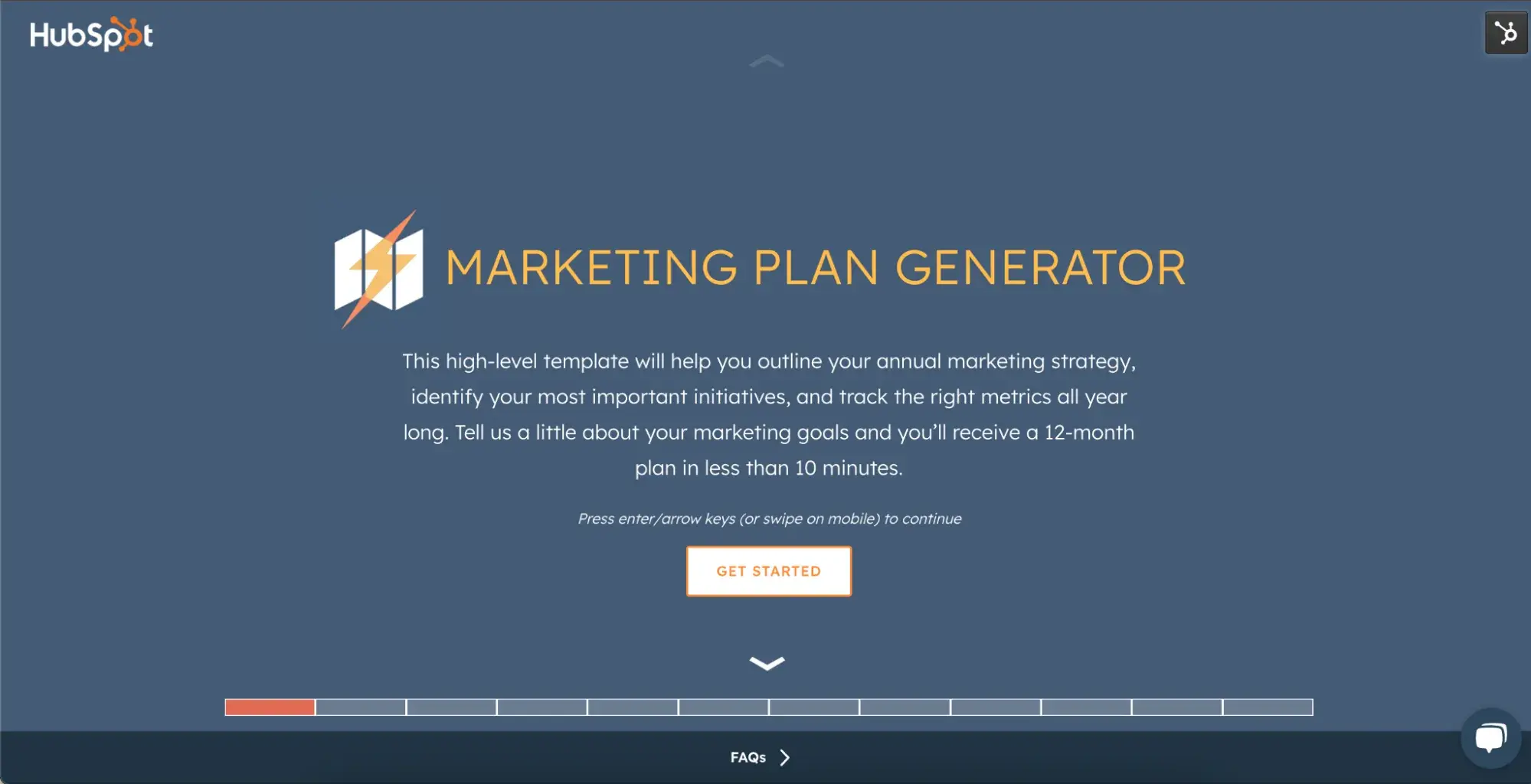 Screenshot of HubSpot’s Marketing Plan Generator showing a blue grey website and button to get started.