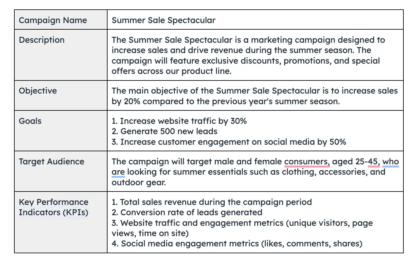 Screenshot of the “campaign overview” in a marketing campaign plan template.