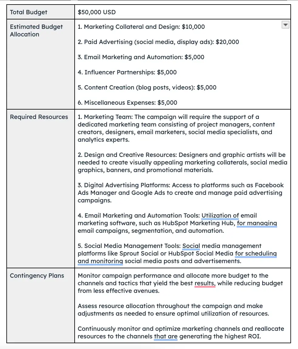 Screenshot of the “budget and resources” in a marketing campaign plan template.