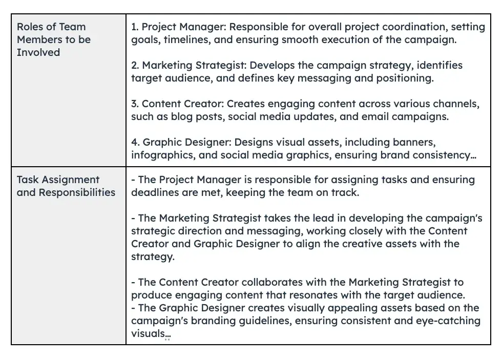 Screenshot of the “team roles” section in a marketing campaign plan template.