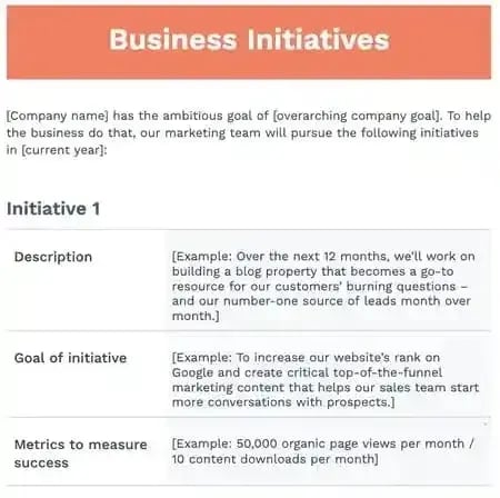 Screenshot of the “business initiatives” section in a sample marketing plan template