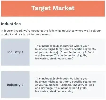 Screenshot of the “target market” section in a sample marketing plan template