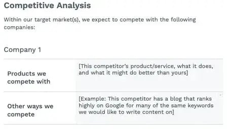 Screenshot of the “competitive analysis” in a sample marketing plan template