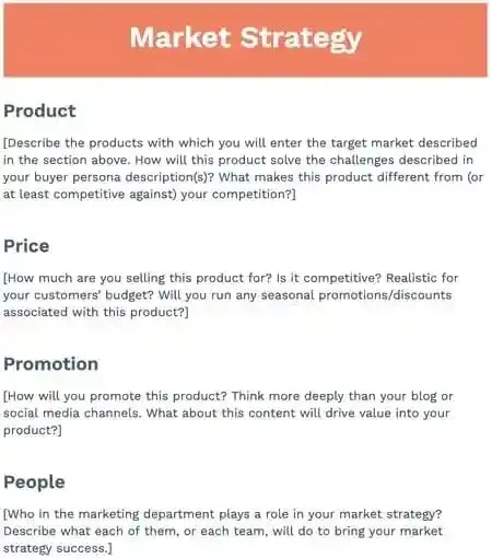 Screenshot of the “market strategy” section in a sample marketing plan template