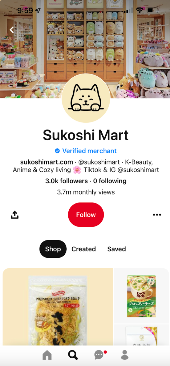 Sukoshi Mart’s Pinterest page displays its Verified Merchant status