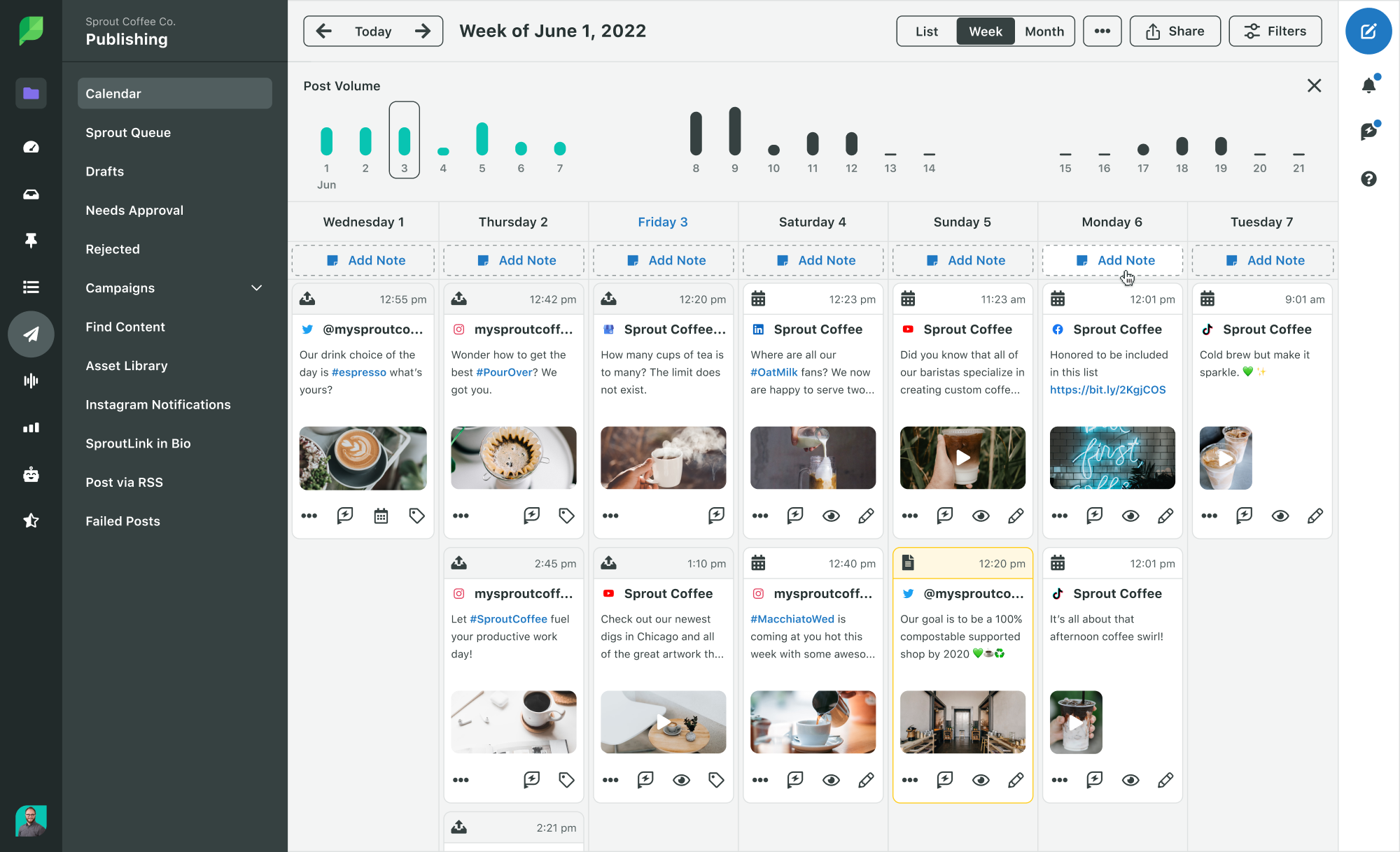 Tagger’s worksuite with a kanban-style social media calendar