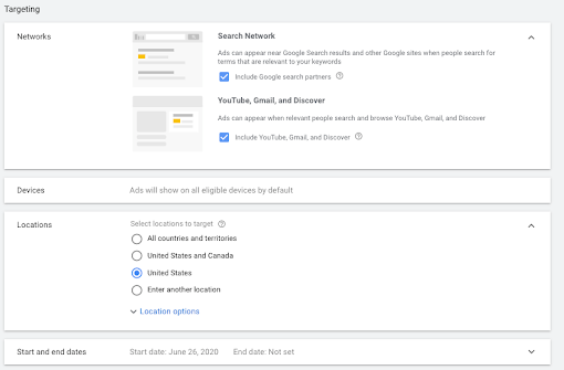 Google Ads targeting networks, devices, and location settings.
