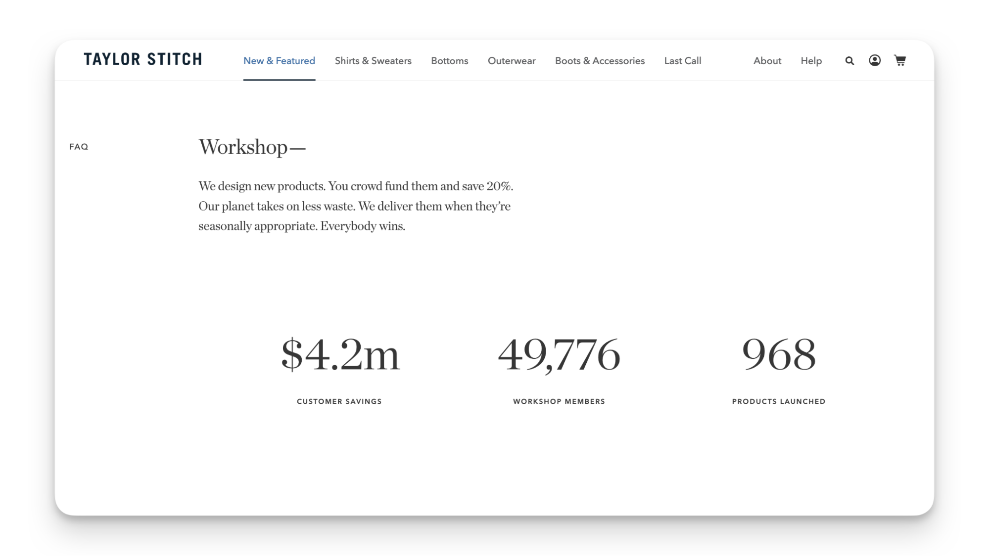 Taylor Stitch landing page showing crowdfunded products and customer savings