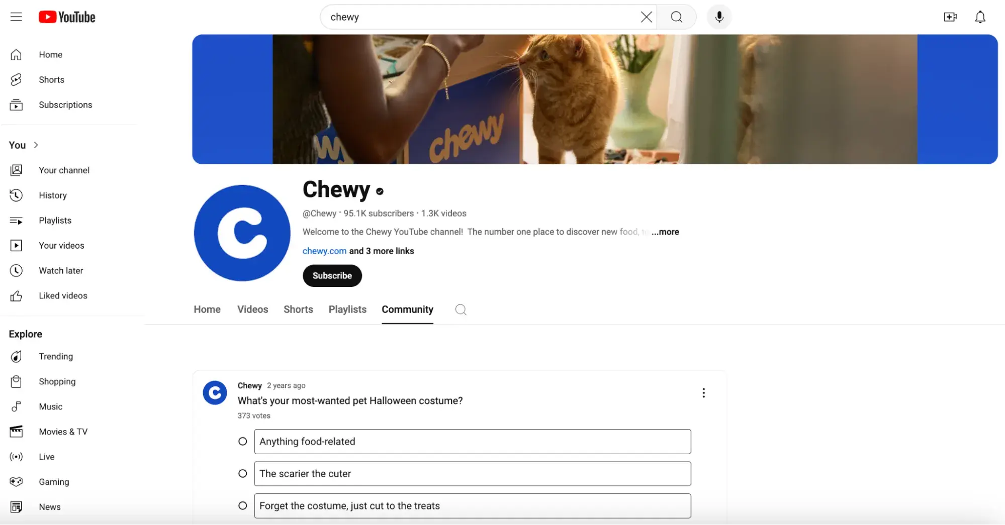 types of online communities, content community example, Chewy YouTube community homepage