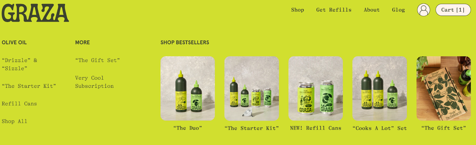 Graza's website offers the option to shop olive oils by category or grouped by bestsellers.