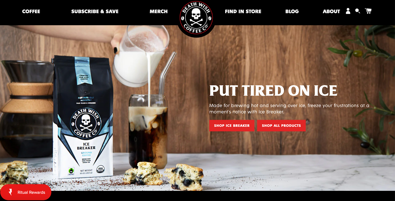 Death Wish Coffee's hero section is simple and bold, prominently featuring the logo.