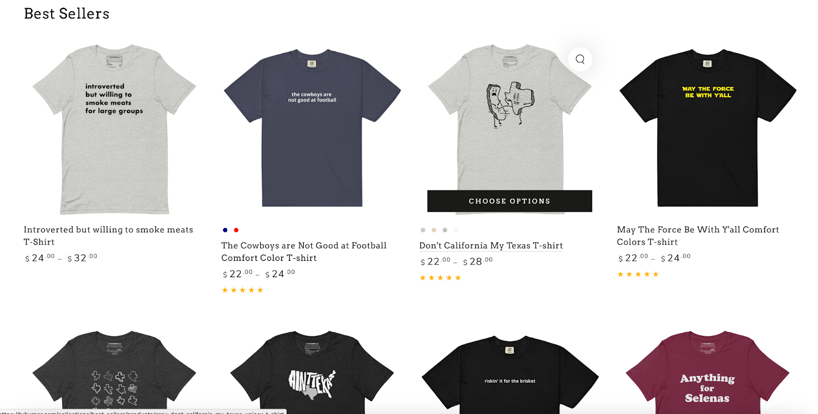 Texas Humor's website uses a simple grid to showcase its t-shirts.