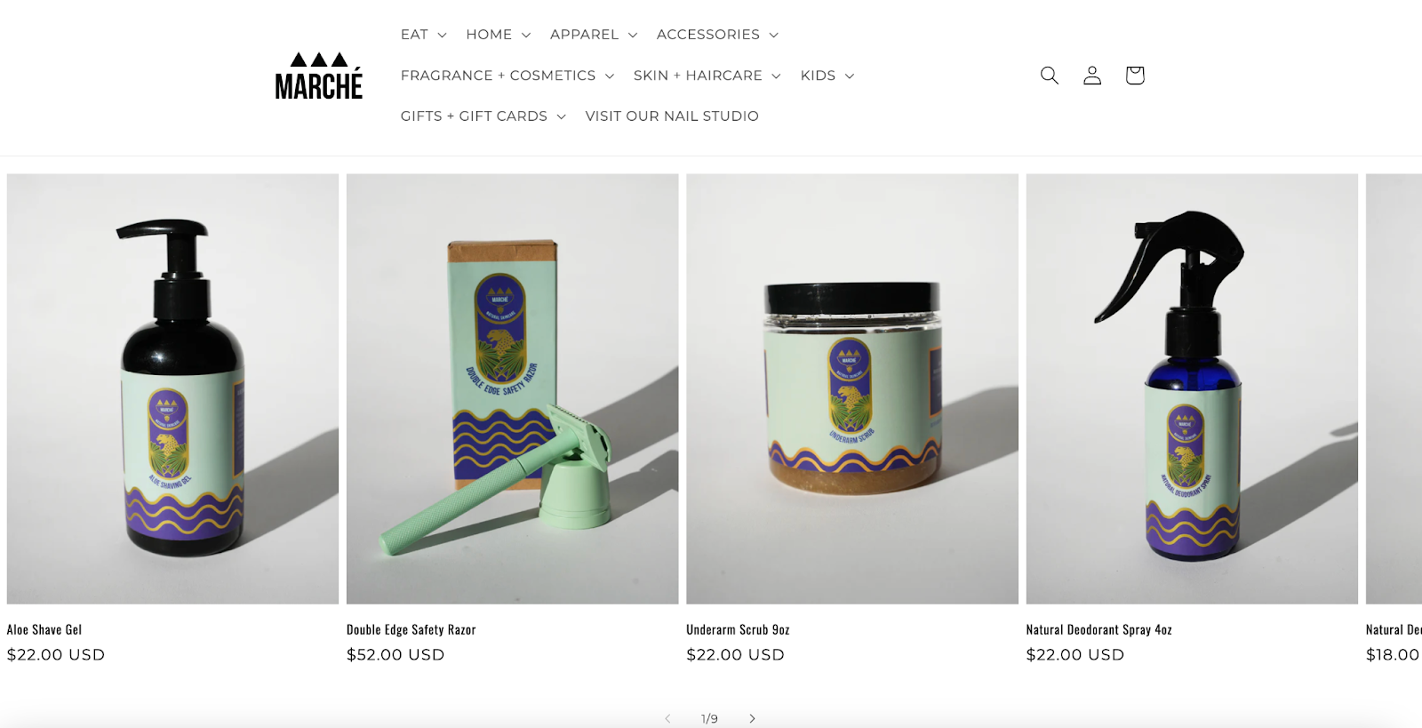 Marché Rue Dix's website showcases products with simple images in a carousel.