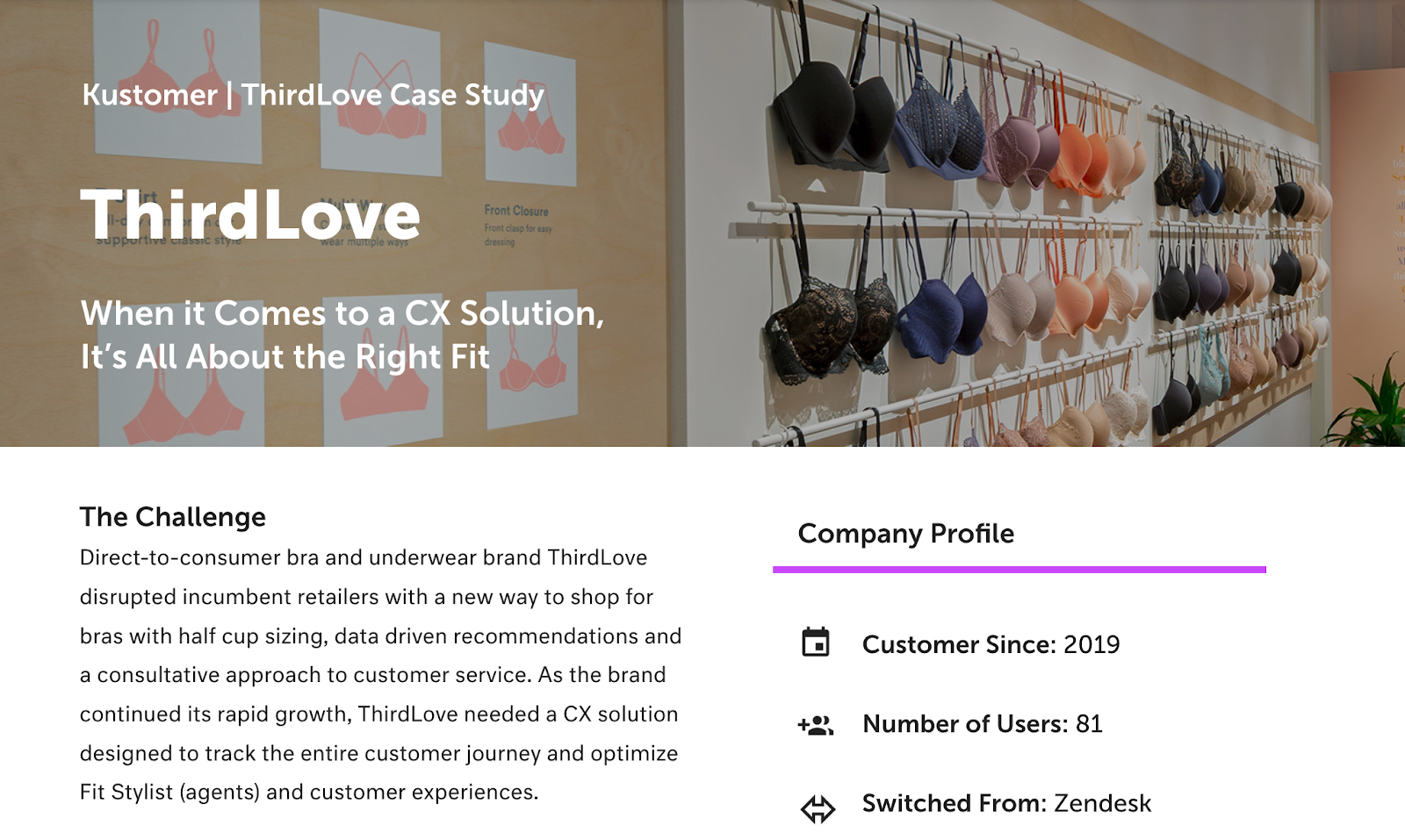 Screengrab of ThirdLove case study with image of bra display.