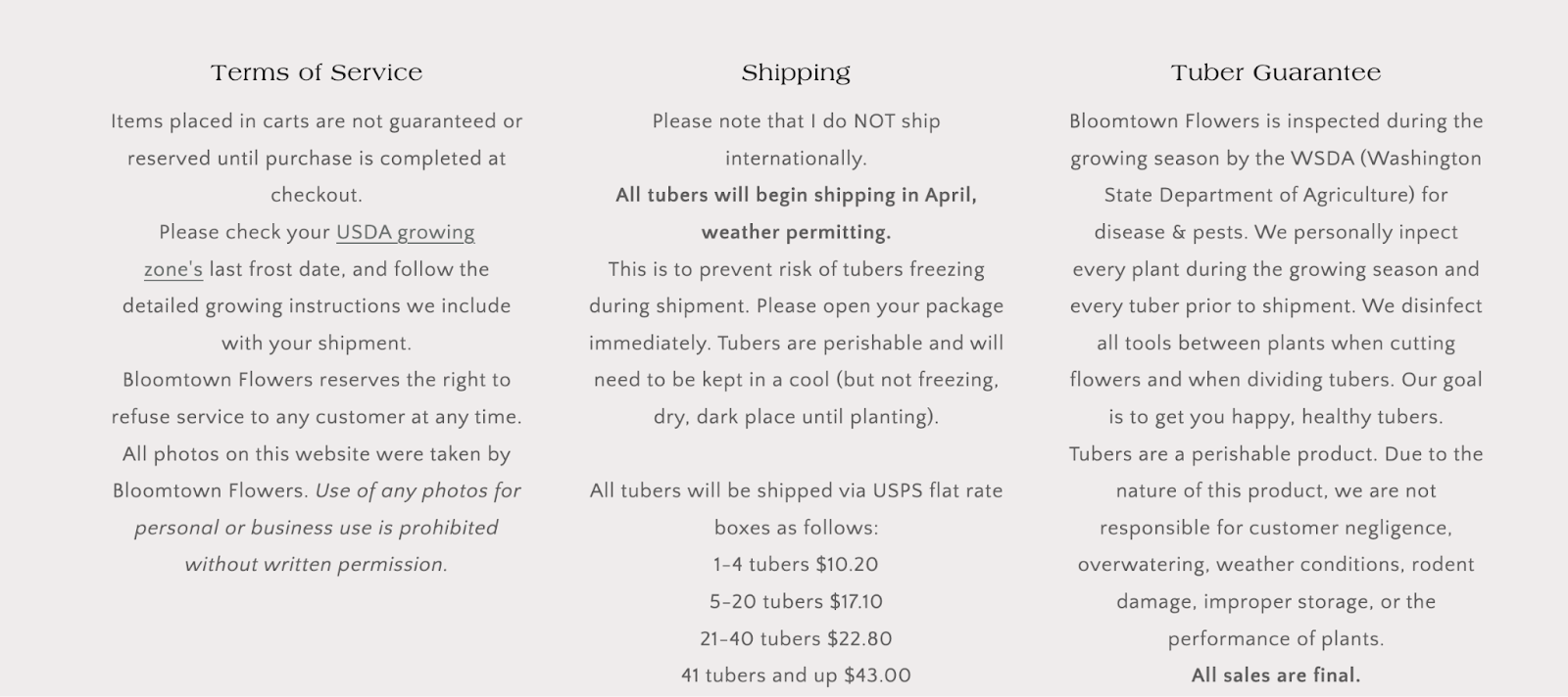 Bloomtown Flowers uses three columns at the bottom of its homepage to show important information.