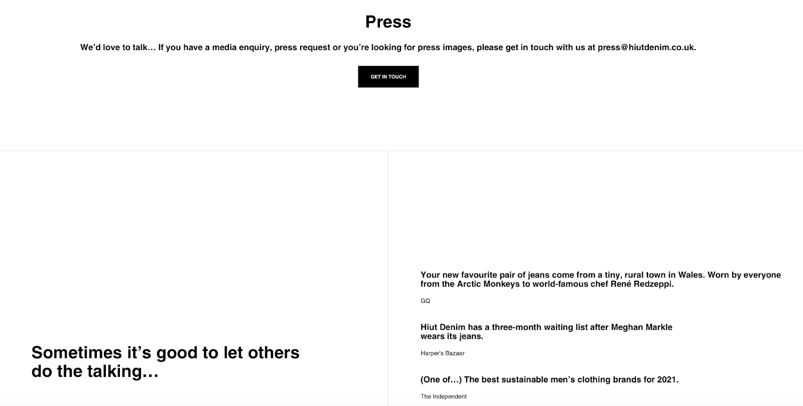 Huit Denim's website page for press.