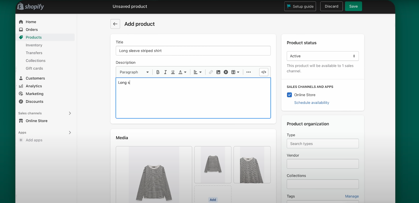Adding a long sleeve striped shirt product to the Shopify store.
