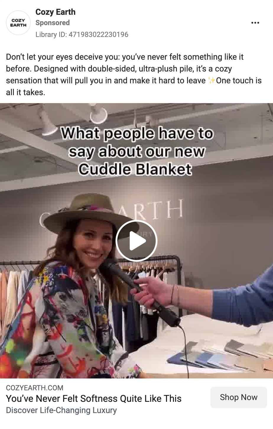 Cozy Earth's video Facebook ads feature shopper reactions to its Cuddle Blanket.