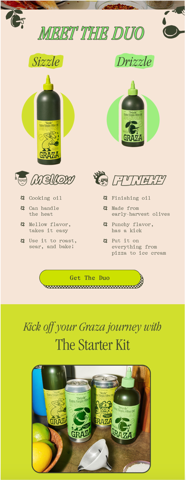 Olive oil company Graza's automated marketing email for new subscribes features an offer to order a starter kit.