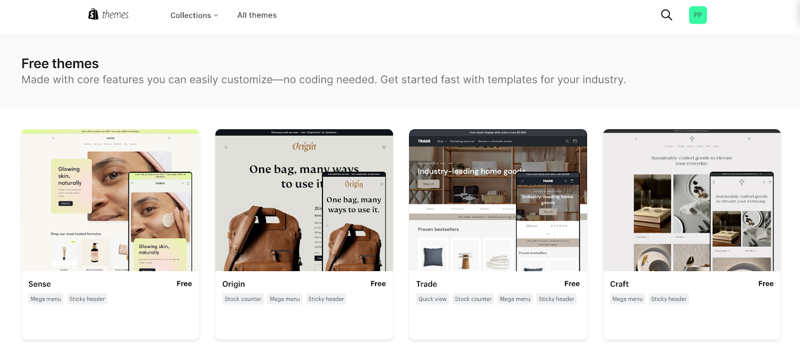 Free themes available in the Shopify themes store.