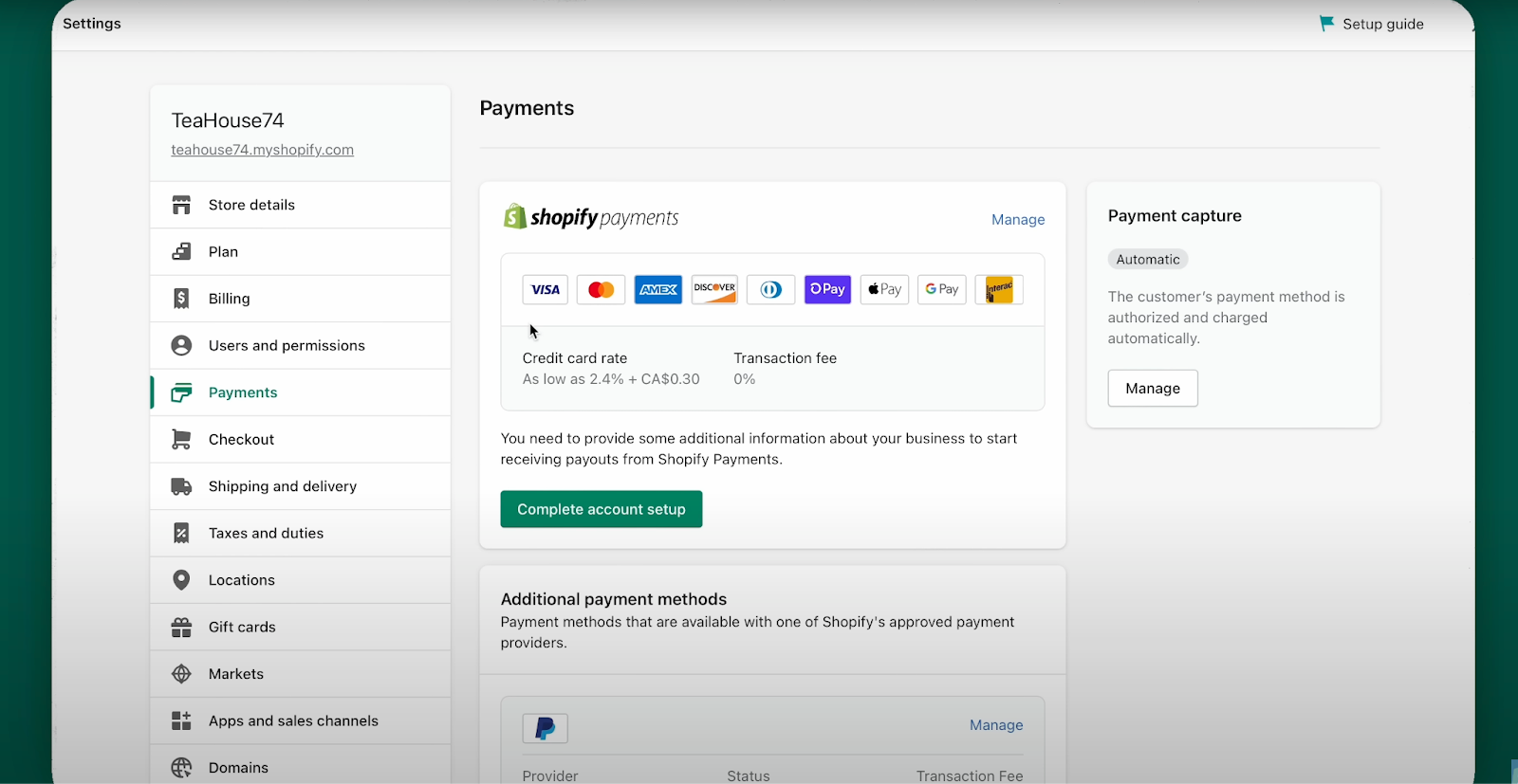 Shopify Payments section showing different payments setup options.