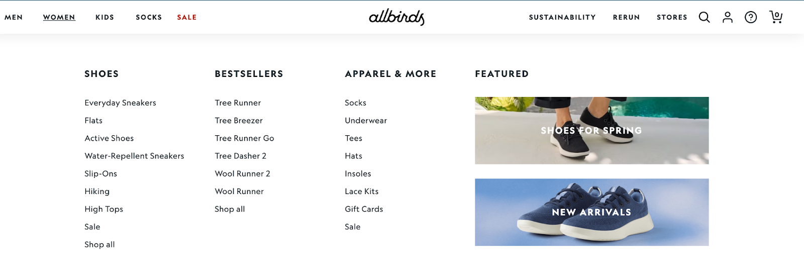 Allbirds' website uses an easy-to-navigate hierarchical structure.