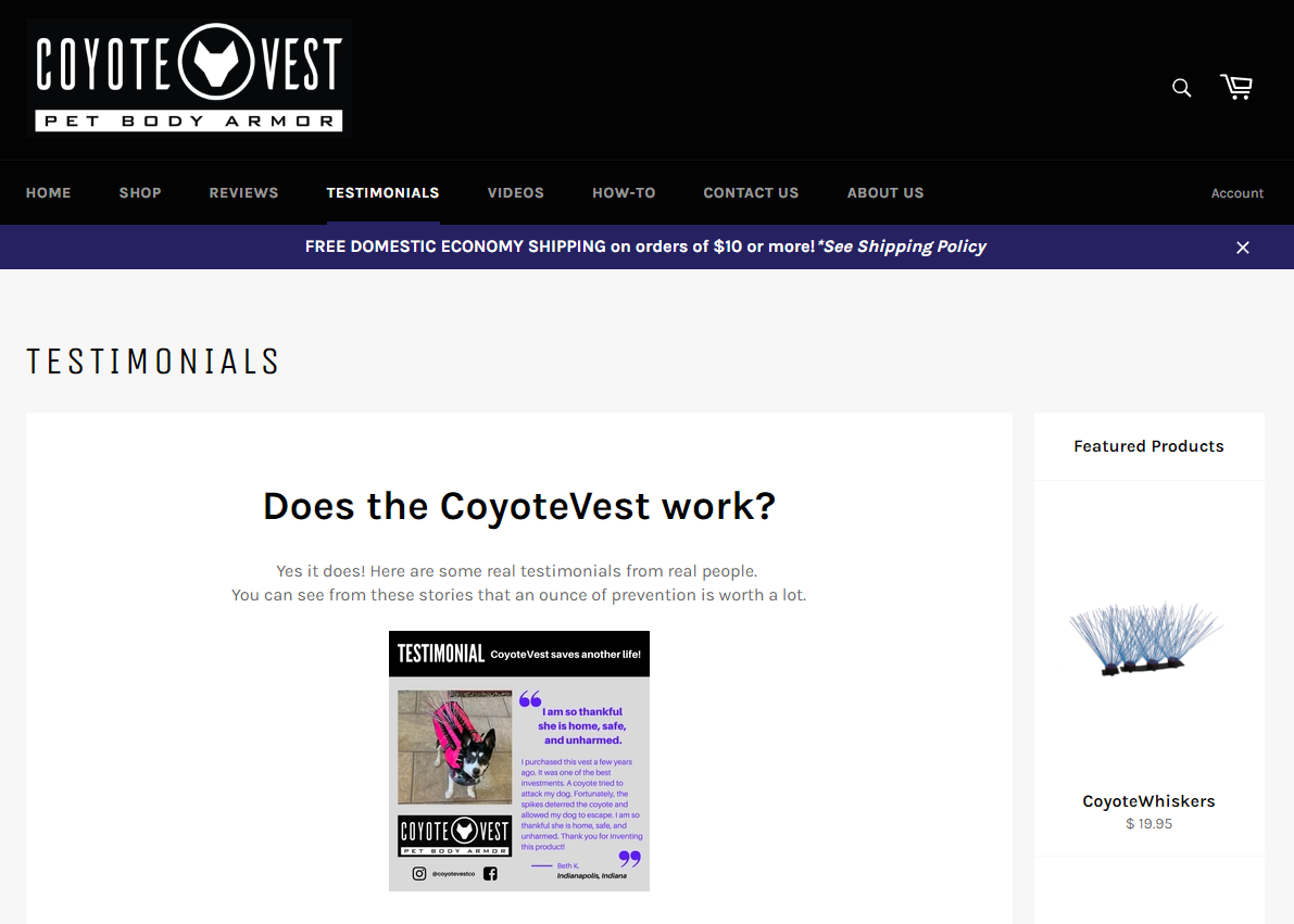 Customer testimonials for CoyoteVest’s pet protective gear.