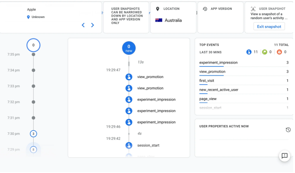 User activity snapshot detailing events and user properties in the last 30 minutes.