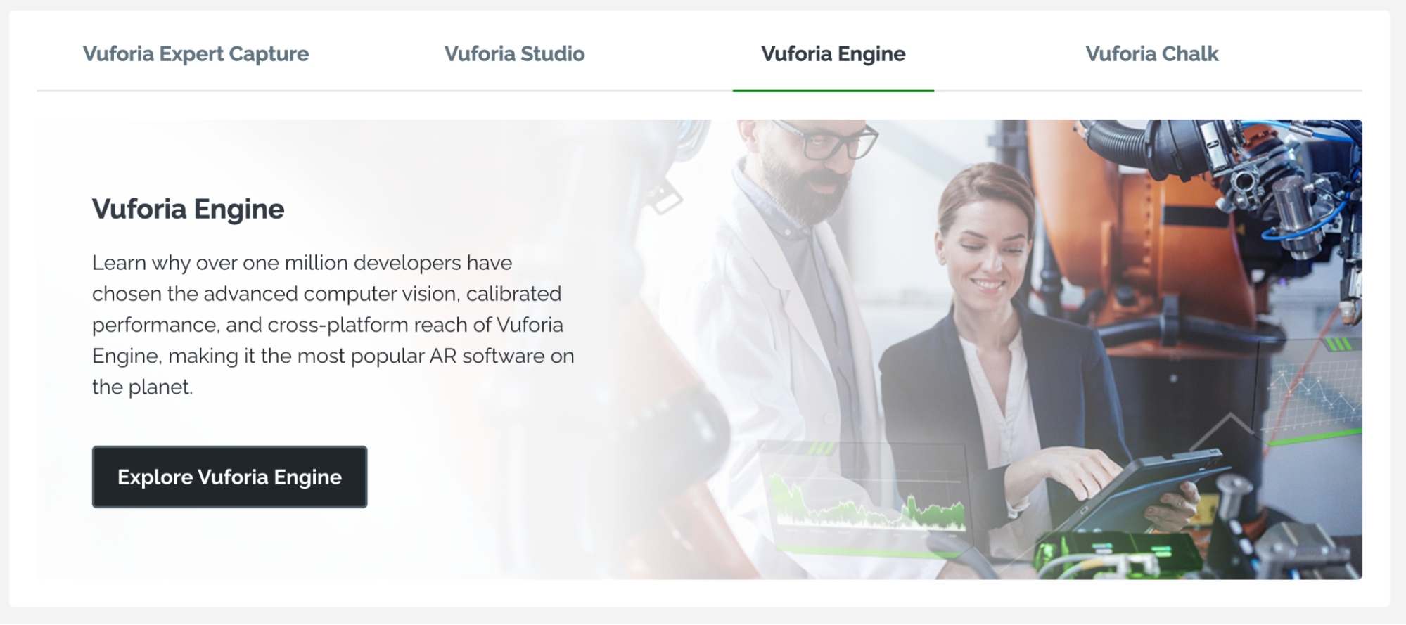 Screenshot of Vuforia’s website with an image of a woman holding an iPad.