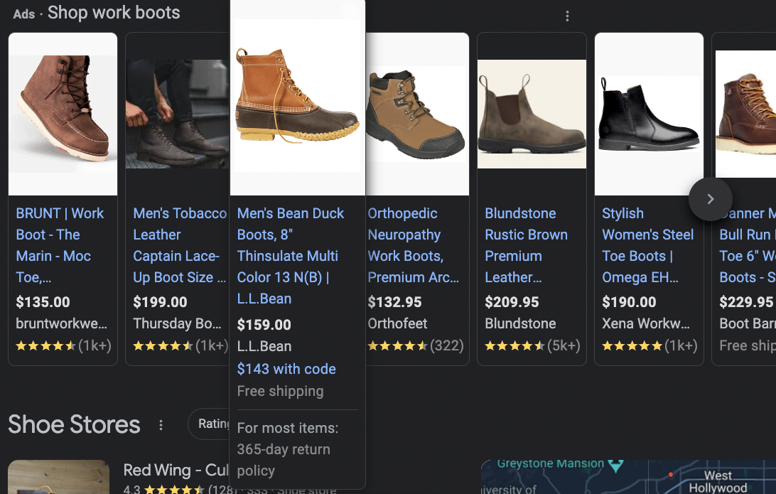 Google Shopping ads displaying different walking boots.