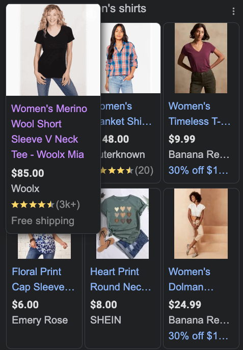 Google Shopping ads displaying different women’s t-shirts.