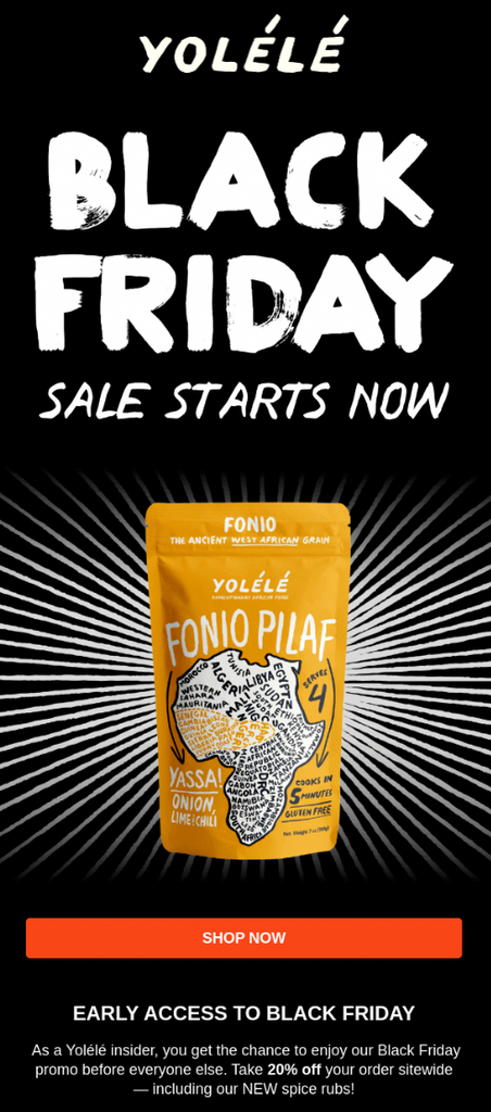 Yolélé’s Black Friday launch email with its fonio pilaf packaging featured.