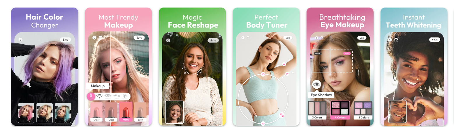 Six screenshots showing the use cases of YouCam Makeup’s AR app.