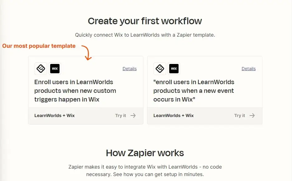 Connecting LearnWorlds with Wix through Zapier for selling online courses.