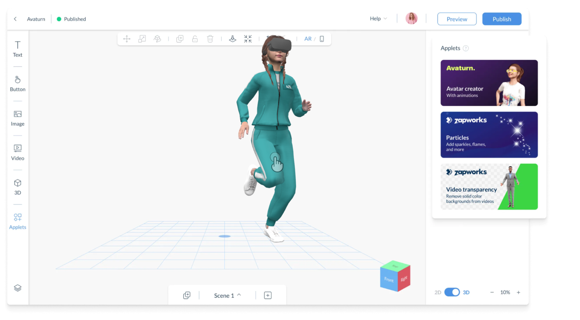 Screenshot of Zapworks interface showing an avatar of a woman running with a VR headset on.