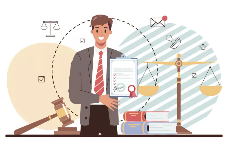 Illustration of a smiling man in a suit holding a clipboard with a certificate. Surrounding him are symbols of the legal profession, including scales of justice, a gavel, law books, and checkmarks.