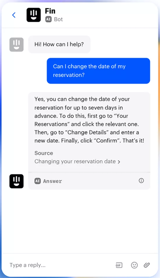 Chat conversation with a bot. A user asks if they can change the date of their reservation. The bot provides instructions on how to change the reservation date.