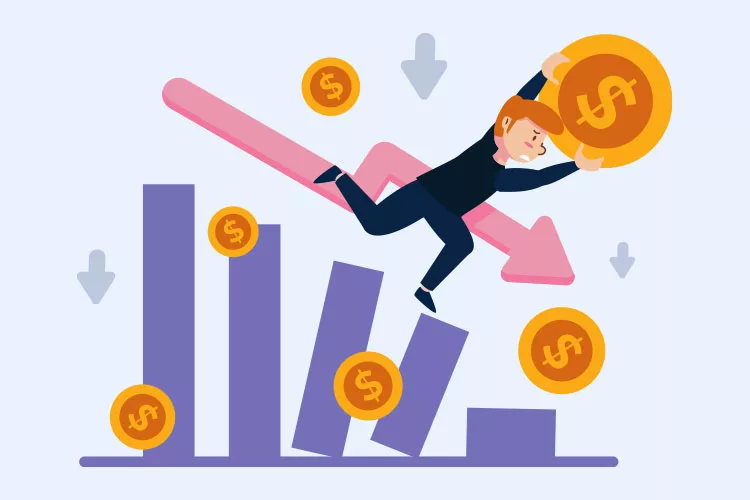 Illustration of a person in a black suit struggling to hold a coin while falling due to a downward pointing pink arrow, surrounded by descending bar graphs and dollar symbols.