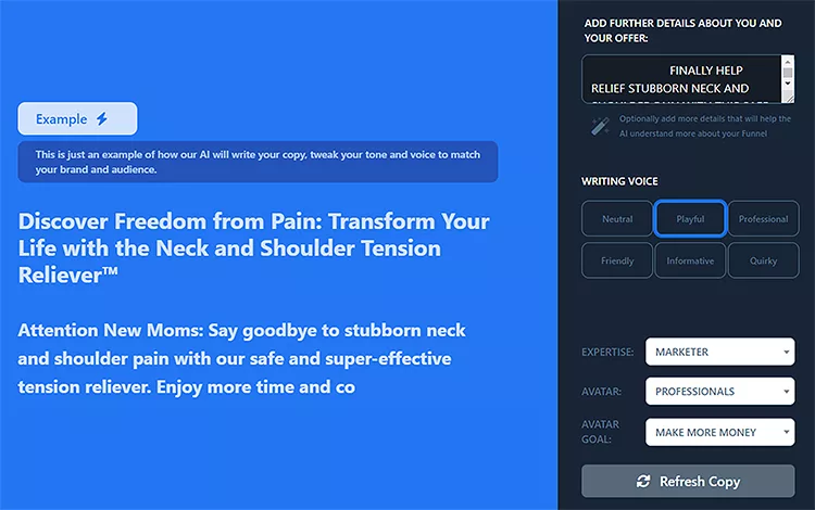 A sample marketing copy on a blue background promotes a neck and shoulder tension reliever. The right side features customization options for writing voice, expertise, avatar, and goal.