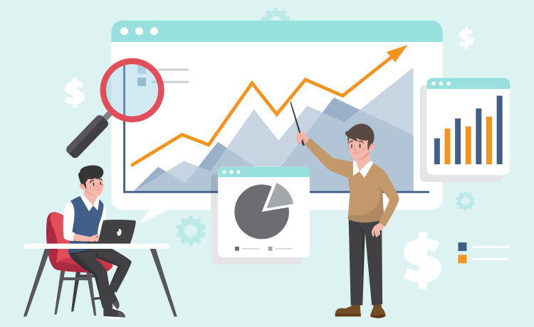 Illustration of a man pointing at a rising line graph on a screen while another person works on a laptop. Various charts and financial symbols surround them.