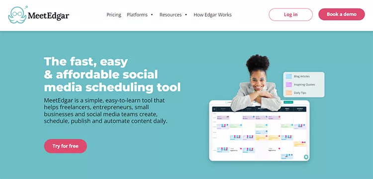 Screenshot of MeetEdgar's website showing a woman leaning on a giant tablet displaying a social media calendar, promoting it as a fast, easy, and affordable social media scheduling tool.