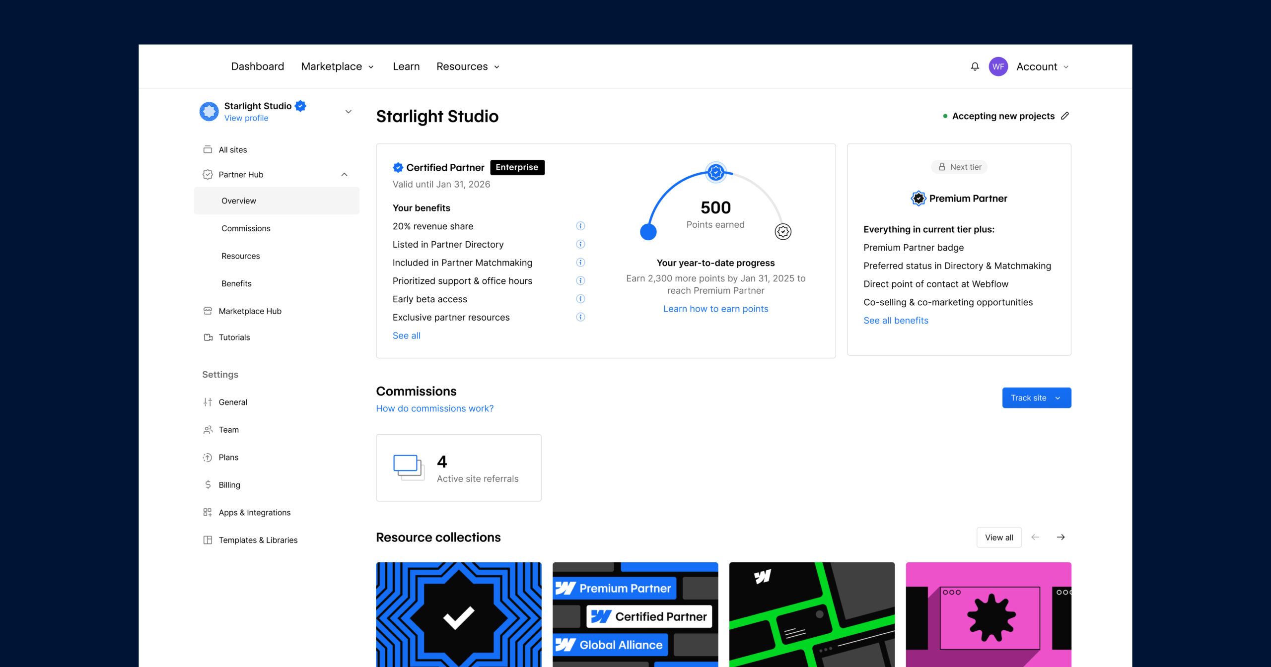 A UI Screenshot of the new Partner Hub showing the points meter, resources, and a section to track commissions.