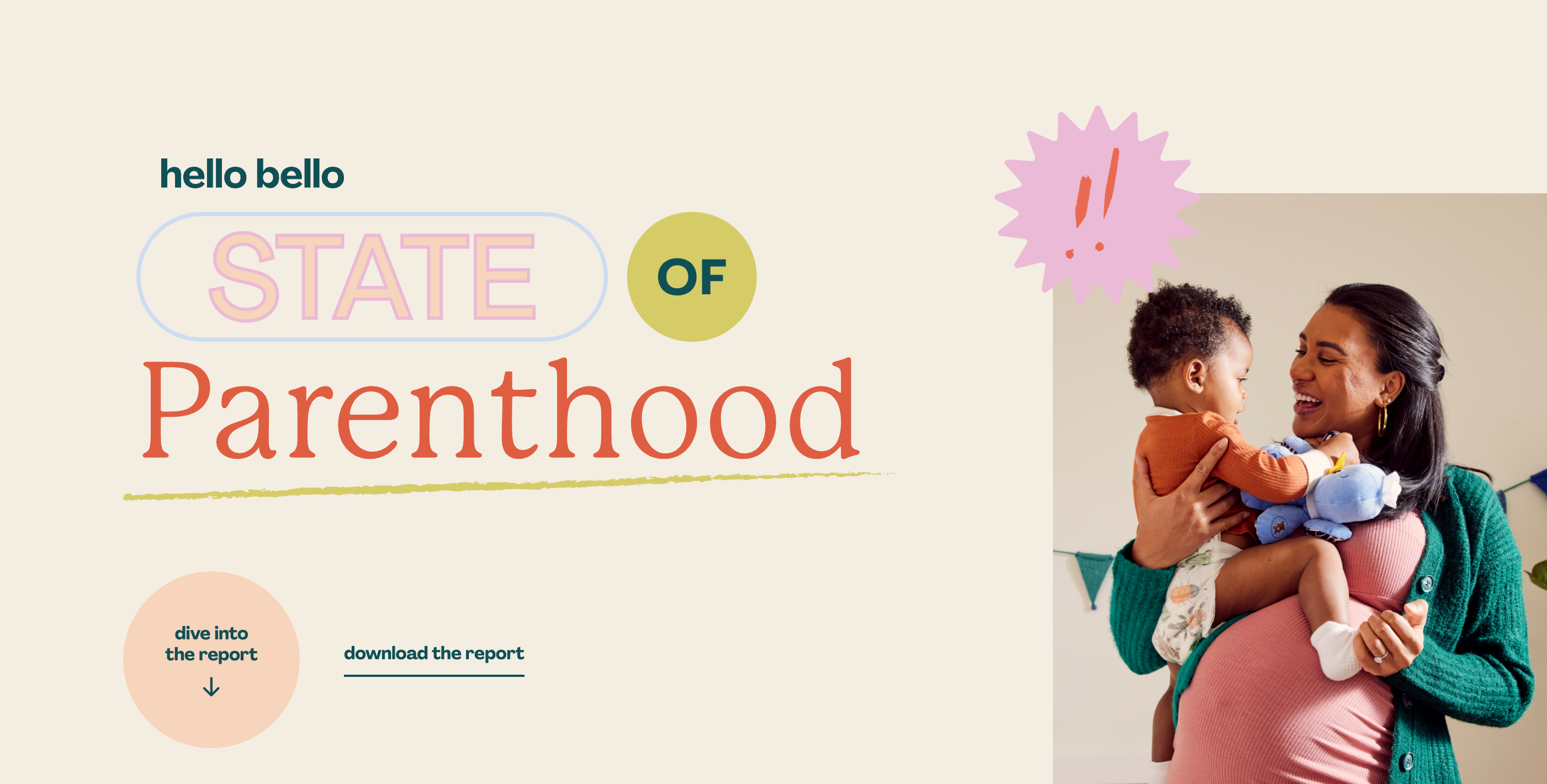 The State of Parenthood website has a cream-colored background. The page uses creative typography and iconography, including CTA buttons to download the website report and an image of a mother holding her child.