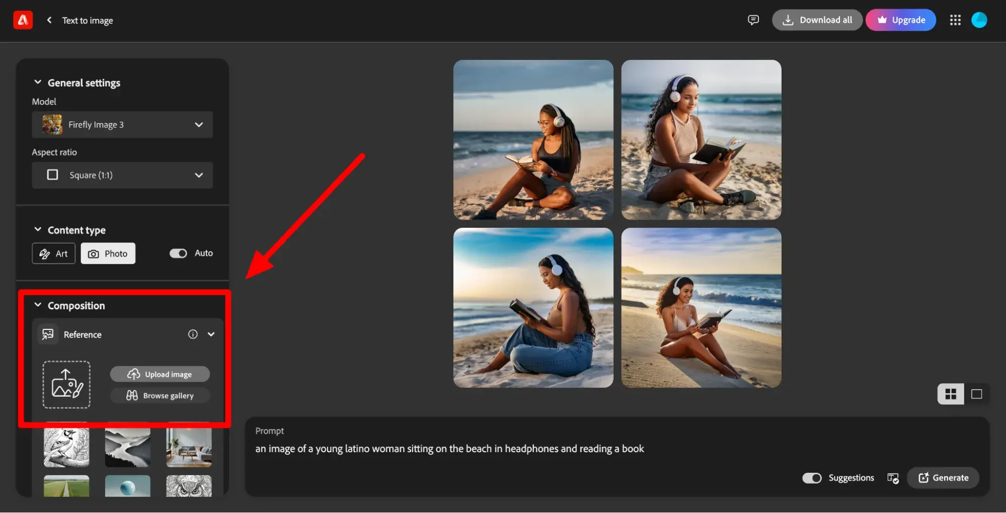 screenshot of adobe firefly showing how users can upload reference photos