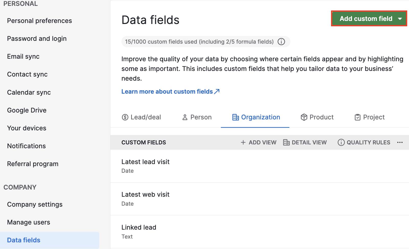 CRM private equity Pipedrive customizable fields