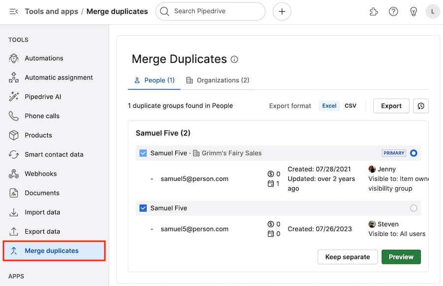 CRM and marketing automation Pipedrive merge duplicates