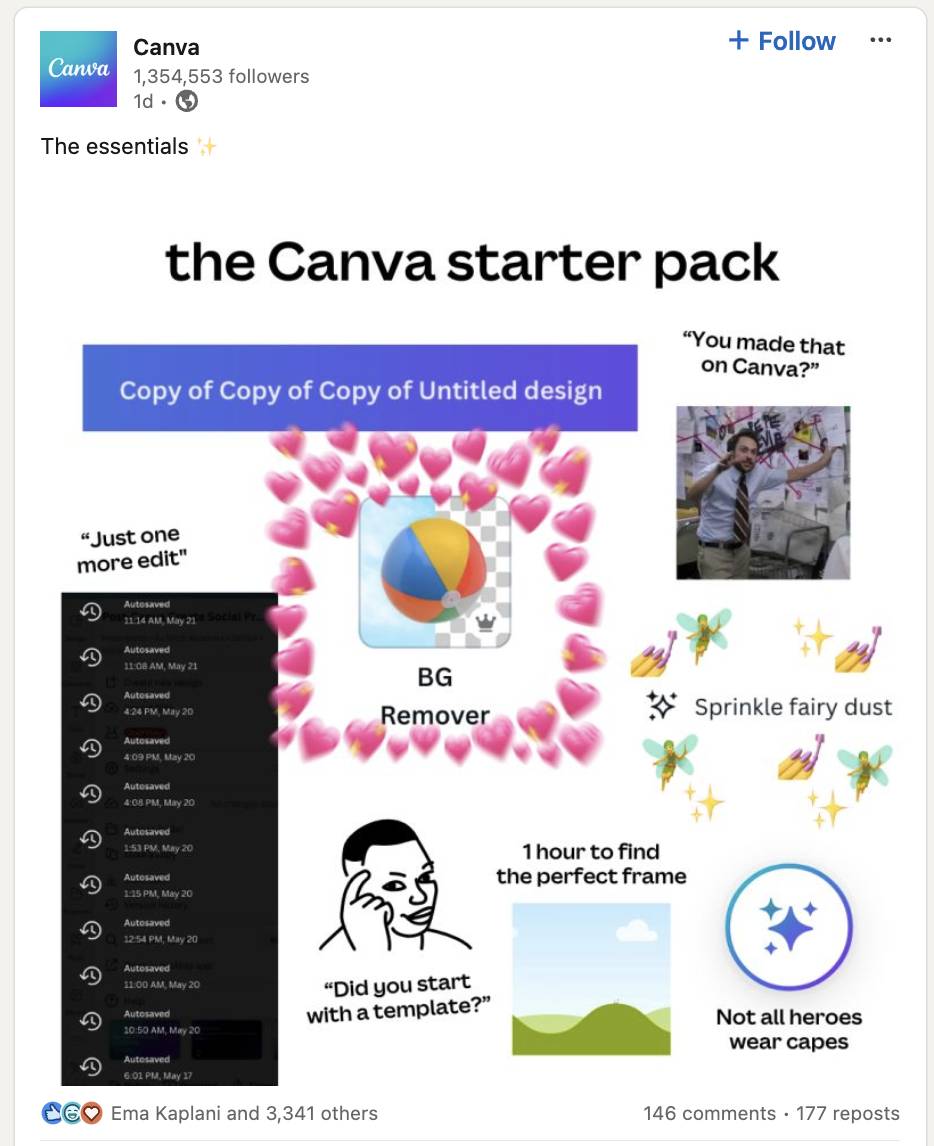 Social media marketing: How Canva mixes product updates with funny posts on LinkedIn